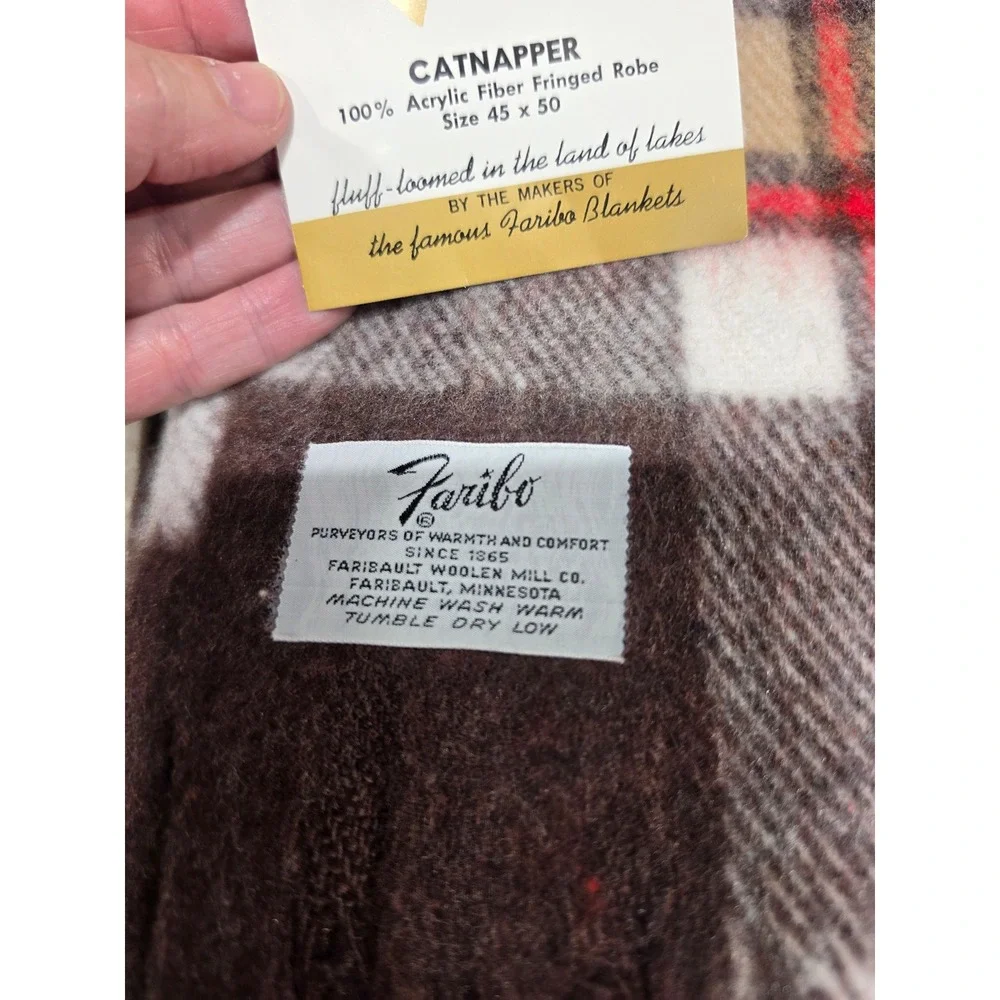 Vintage Faribo Catnapper Fringed Blanket Plaid Brown Tan 45x50